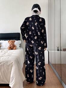 SHEIN Bộ đồ ngủ tay dài in họa tiết gấu lưới nhung lãng mạn dành cho nữ, quần áo thu đông - màu đen - Xem 3