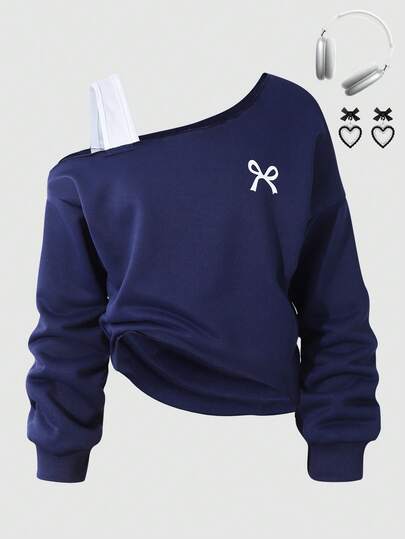 Sparklyn Tween Girls Bow Print Asymmetric Off-Shoulder Asymmetrical Hem Casual Sweatshirt