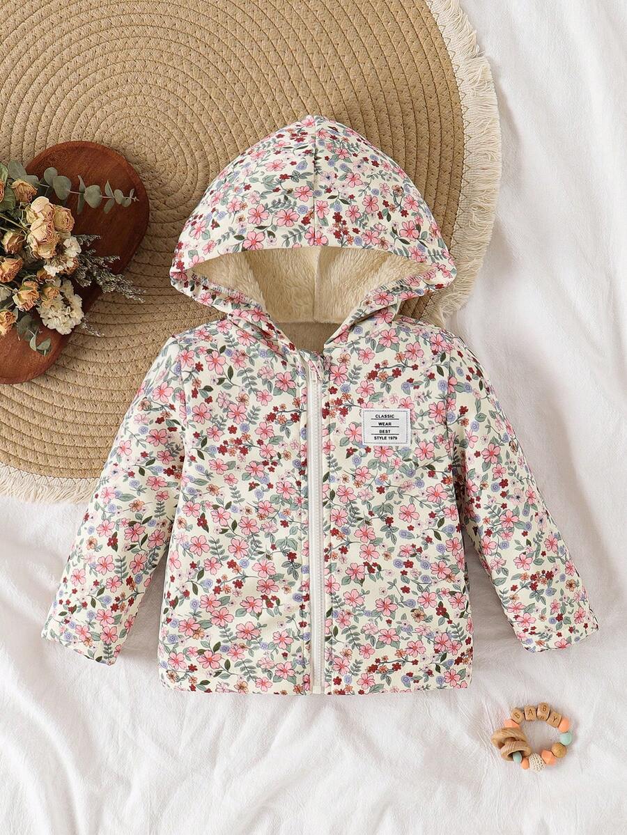 SHEIN 女婴可爱碎花柔软保暖连帽外套，秋冬季 - 黑色 - 查看 1