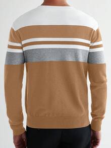 Manfinity Homme 男士条纹圆领长袖休闲毛衣，秋冬 - 駝色 - 查看 2