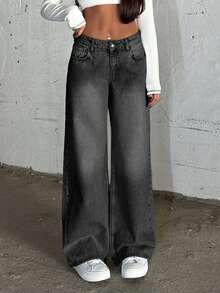 SHEIN Cottnline LOW RISE WIDELEG LIGHT BLUE PINKY JEAN - Dark Grey - View 3