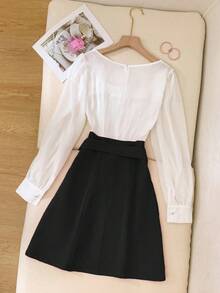 Franclia Women's Contrast Color Mesh Lantern Sleeve Button Design Elegant Dress - Black and White - View 2