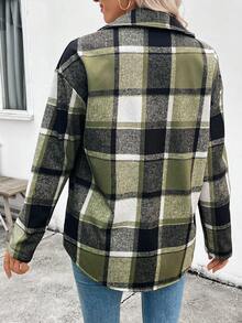 EMERY ROSE Women's Plaid Single-Breasted Casual Fleece Jacket, Autumn/Winter - Army Green - View 2