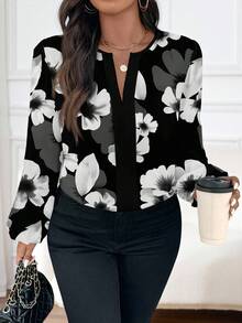 Reflora Plus Size Casual Floral Print Long Sleeve Shirt, Suitable For Spring And Summer Autumn And Winter Chic Blouses For Women - Multicolor - View 1