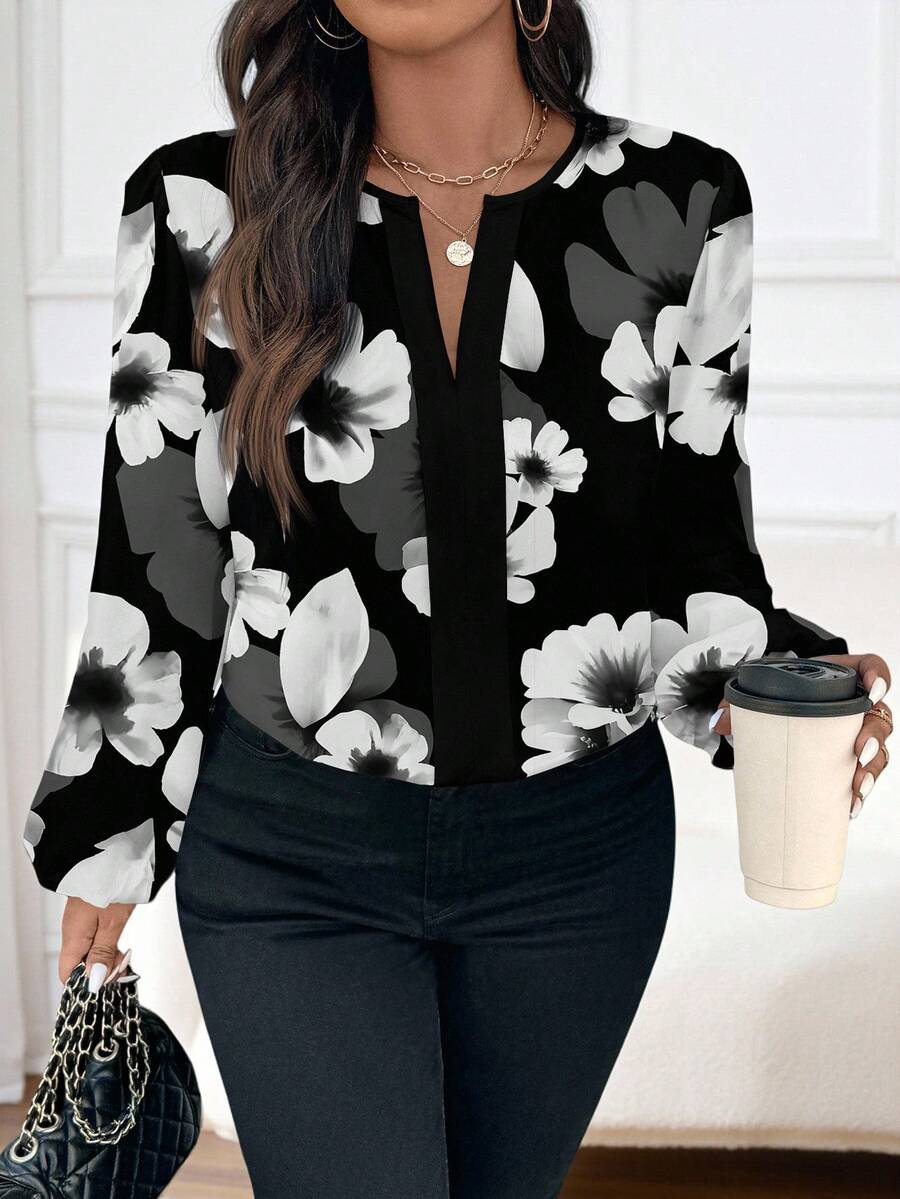 Reflora Plus Size Casual Floral Print Long Sleeve Shirt, Suitable For Spring And Summer Autumn And Winter Chic Blouses For Women - Multicolor - View 1