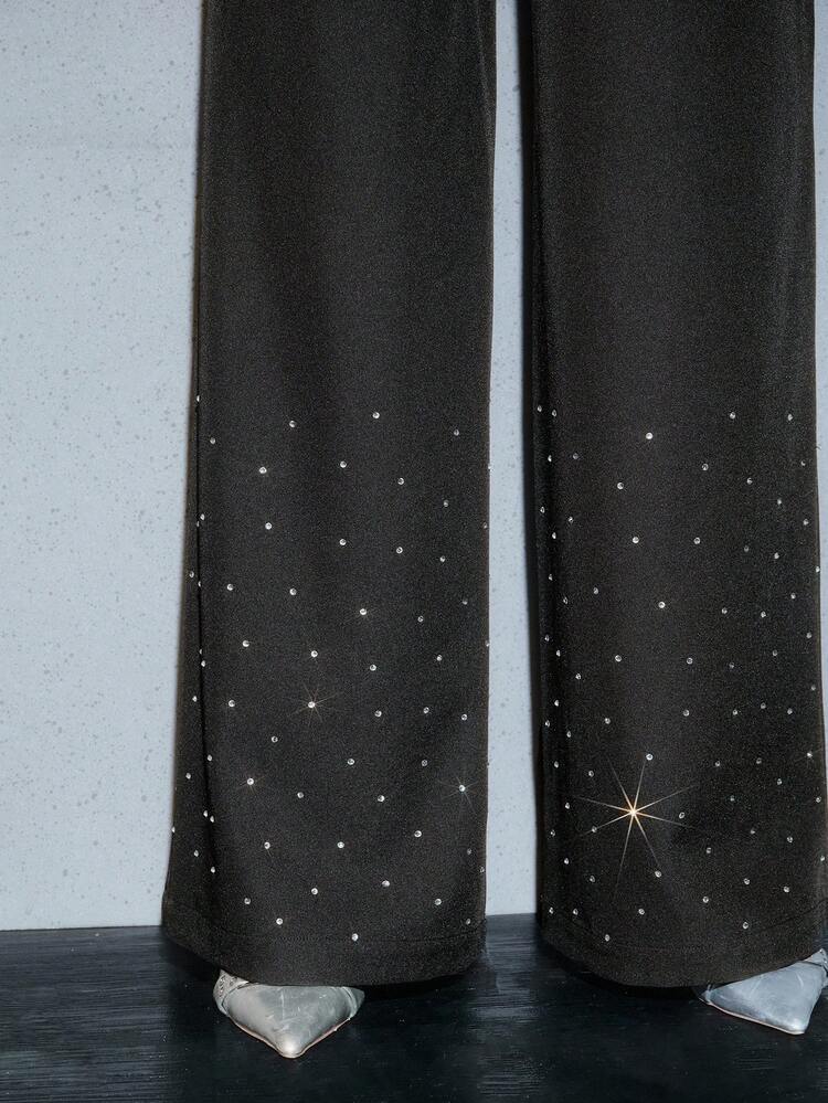 Casual High Waist Loose Fit Rhinestone Embellished Women's Suit Pants, Commuting & School Style