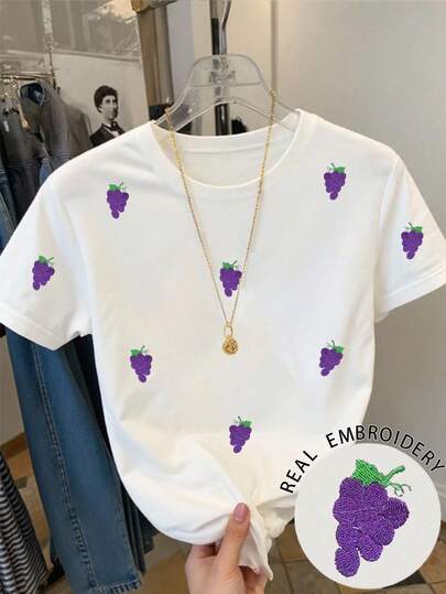 Resyla Women's Casual Grape Embroidery Short Sleeve T-Shirt, Summer