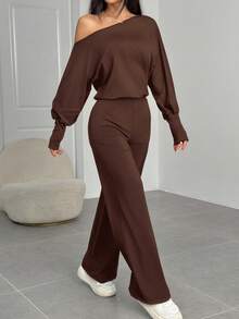 SHEIN EZwear 女士时尚休闲露肩长袖棕色连体裤，秋季 - 棕色 - 查看 5