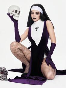 ROMWE Avant Váy hóa trang Halloween in hình chữ thập màu tương phản cổ đứng tối màu - Màu tím - Xem 2