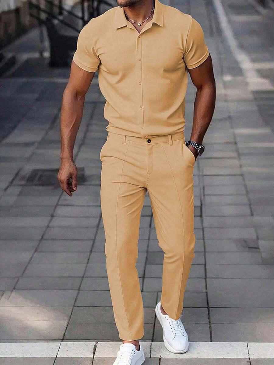 Manfinity Homme Men's Casual Solid Color Short Sleeve Shirt And Pants Set Men 2 Pieces Outfit Beige Men Outfit Apricot Men Outfit