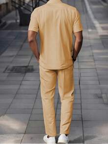 Manfinity Homme Men's Casual Solid Color Short Sleeve Shirt And Pants Set Men 2 Pieces Outfit Beige Men Outfit Apricot Men Outfit