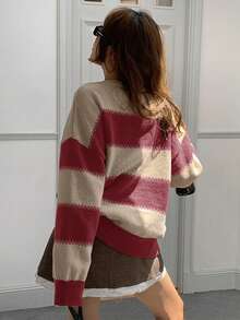 DAZY 女士条纹宽松长袖圆领毛衣 - 紅色 - 查看 2