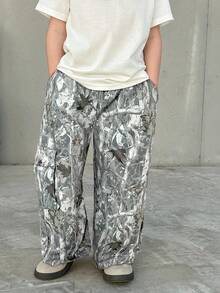 SHEIN 1 pieza Pantalones rectos con cordón estampados cómodos y casuales para niños pequeños, adecuados para salidas, escuela, reuniones, primavera/verano/otoño/invierno - Multicolor - Ver 5