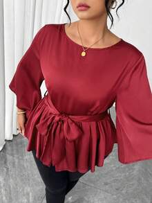 Elenzga Plus Size Round Neck Bell Sleeve Cinched Waist A-Line Blouse - Burgundy - View 7