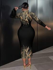 Slaydiva 亮片印花修身长袖圆领长裙，休闲且适合大码、派对和正式穿着