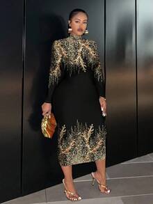 Slaydiva 亮片印花修身长袖圆领长裙，休闲且适合大码、派对和正式穿着