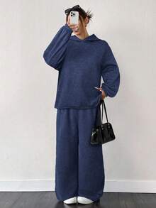 SHEIN EZwear 海军蓝加大码长袖连帽衫和裤子两件套 - 藏蓝色 - 查看 5