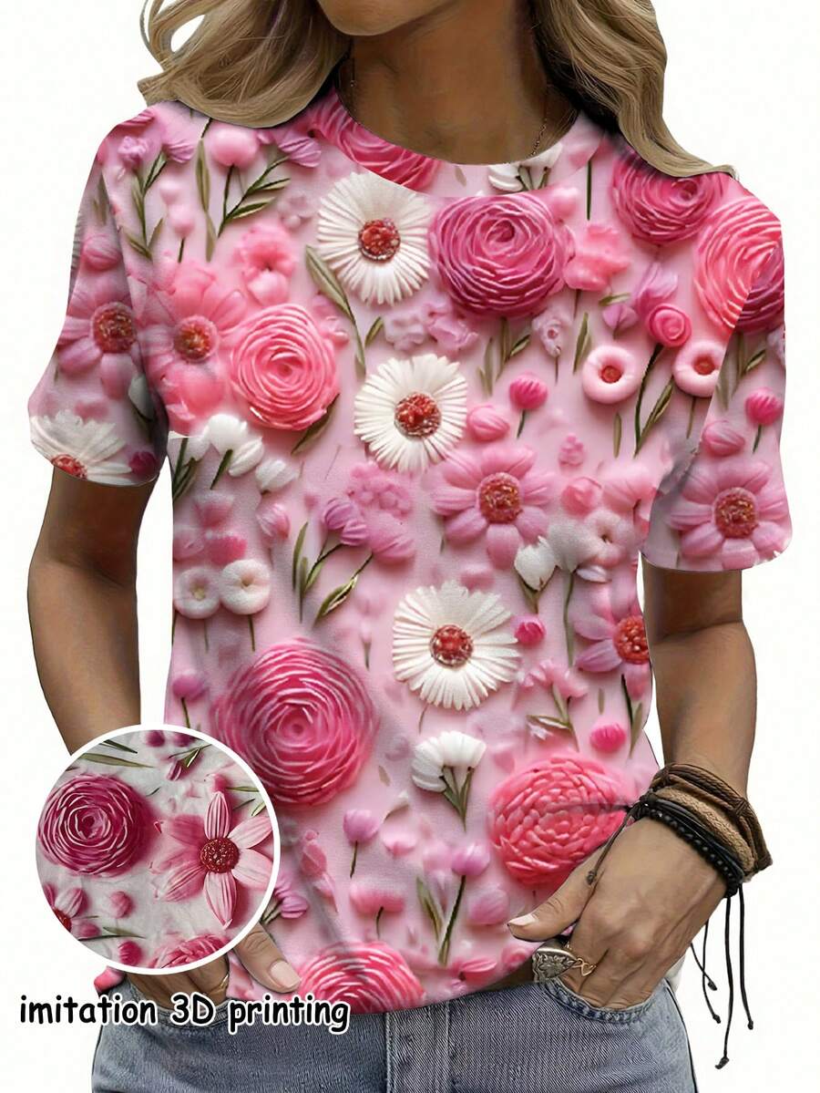 INAWLY Camiseta de cuello redondo regular con impresión digital 3D en blanco - Multicolor - Ver 1