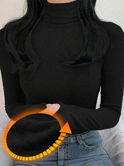 DAZY قميص داخلي نسائي بياقة عالية ضيق ذو لون أحادي متعدد الاستخدامات، بأكمام طويلة