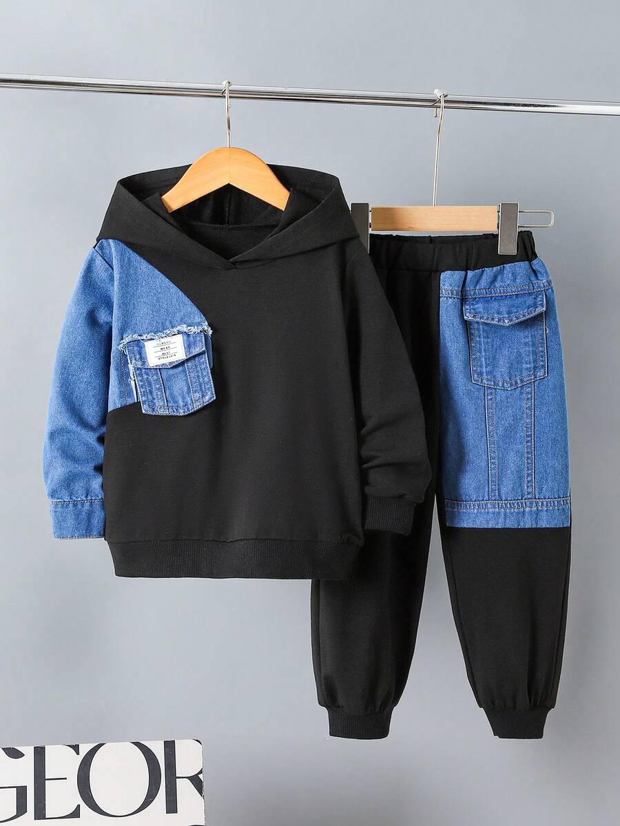 Áo hoodie dài tay in chữ và quần jogger cho bé trai, trang phục thường ngày, thu/đông - màu đen - Xem 1