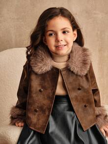 SHEIN 少女休闲长袖双排扣毛领夹克，秋冬 - 酒紅色 - 查看 7