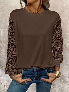 EMERY ROSE 女式休闲豹纹拼布T恤，秋季 - 白色 - 查看 1