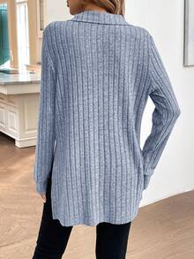 Easowa Women's Autumn/Winter Fuzzy Ribbed Polo Neck Long Sleeve Long T-Shirt - Baby Blue - View 2