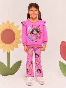 DORA | SHEIN Young Girl Cute Casual Cartoon & Floral Print Knit Pink Flared Leggings - Pink - View 3