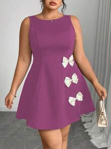 Elenzga 大码女式优雅法式蝴蝶碎花修身夏装 - 中紫紅色 - 查看 6