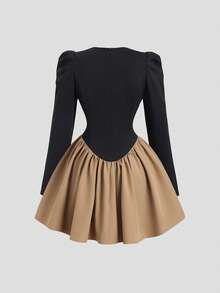 Sweetra 女装新款春秋通勤日常外出优雅古铜色金属扣泡泡袖收腰撞色拼接西装连衣裙半身裙 - 彩色 - 查看 2