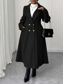 Maweii 大码女式方领翻领开襟水禽蓝腰部A字型口袋中长款优雅复古休闲可爱大衣，秋冬款 - 黑色 - 查看 6