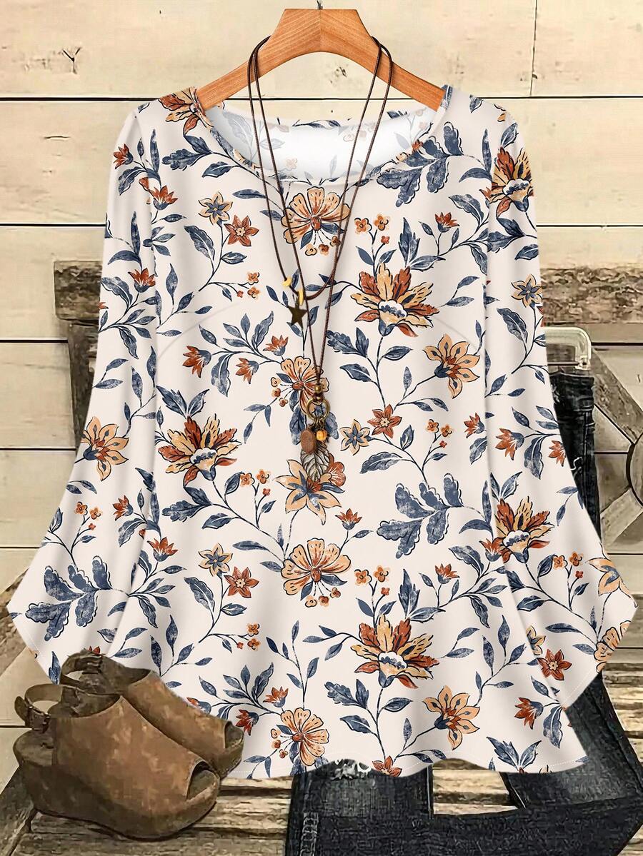 EMERY ROSE 大码女式休闲全身印花圆领宽松七分袖衬衫，秋冬 - 彩色 - 查看 1