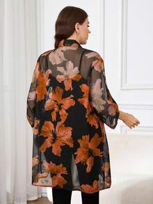 Reflora Plus Size Floral Print Semi-Sheer Casual Long Sleeve Shirt Long Blouses - Orange - View 2