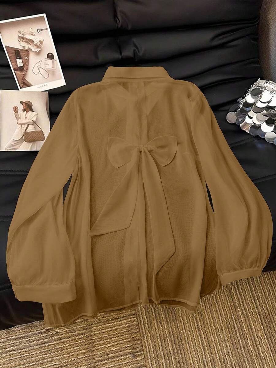 SHEIN Clasi 休闲白色透明衬衫,带蝴蝶结装饰 - 駝色 - 查看 1