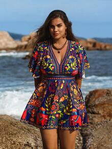 Swim Lushoire 大码女式两件套印花时尚度假休闲端庄高腰三角荷叶边下摆比基尼泳装 - 彩色 - 查看 4