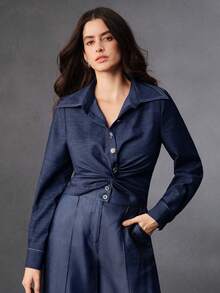 Anewsta 复古优雅办公室/通勤扭结短领长袖牛仔效果衬衫 - 藏蓝色 - 查看 3