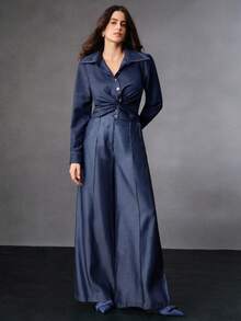 Anewsta 复古优雅办公室/通勤扭结短领长袖牛仔效果衬衫 - 藏蓝色 - 查看 6