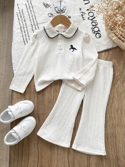 Set de 2 piezas de niña bebé con suéter de cuello polo de manga larga y pantalón acampanado de cintura elástica, elegante y lindo, con textura de punto de cable, adecuado para ir a la escuela, casual, vacaciones, deportes, hogar, de 6 meses a 3 años, ropa para niños, ropa para bebés, ropa para todas las estaciones