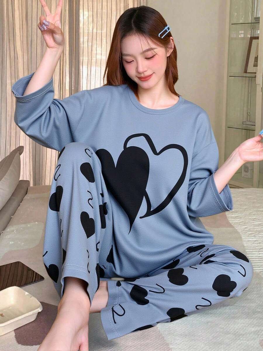 2pcs/Set Girls Cute Heart & Peach Print Soft Fabric Pullover Long Sleeve Top And Pants Pajama Set, Suitable For Autumn/Winter, Dark Gray