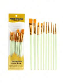 SHEIN 10pcs 2025 New Plastic Handle 10 Pieces Painting Brush Set, Oil Painting, Watercolor, Hand Painting, Art Brushes Set / Slight Glue Overflow Is Inevitable - Multicolor - View 14