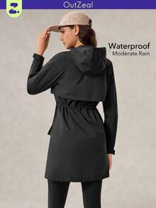 OutZeal 女士防水防风拉链口袋抽绳腰长款户外夹克徒步露营日常 - 黑色 - 查看 11