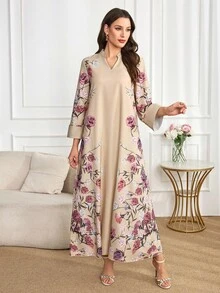 Al Najma 女士优雅花卉印花阿拉伯风格连衣裙 - 杏色 - 查看 5