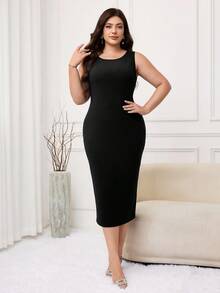 Modelyn Plus Size Sequin Embroidery Mesh Sleeveless Fitted Dress 2 Pieces Set Fall - Black - View 6