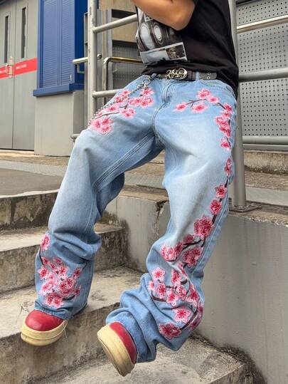 Jeans amples et décontractés pour hommes avec poche brodée de fleurs