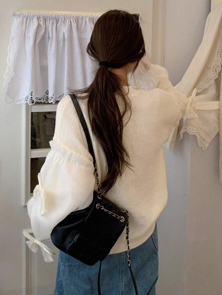 Women's Casual Solid Color Patchwork Bow Design Pullover Knit Sweater, Suitable For Autumn & Winter