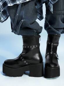 Sugerpunk 女士时尚厚底靴 - 休闲黑色圆扣双带粗跟踝靴 - 舒适一脚蹬 - 黑色 - 查看 5