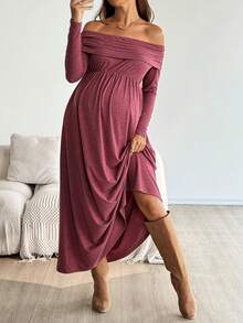 SHEIN Váy trễ vai trơn màu cho bà bầu, mùa thu - Đỏ - Xem 5