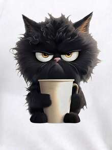 EMERY ROSE Women's Casual Loose Fit Cartoon Cat Print Round Neck Long Sleeve T-Shirt