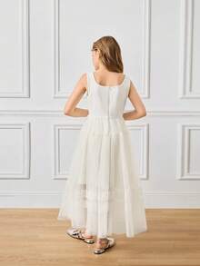 Robe de mode sans manches à col carré et ourlet en maille de couleur unie pour préadolescentes - Blanc - Voir 2