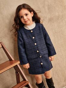 SHEIN 年轻女孩时尚优雅蓝色夹克搭配裙子，珍珠纽扣设计可爱装，秋冬 - 藏蓝色 - 查看 4